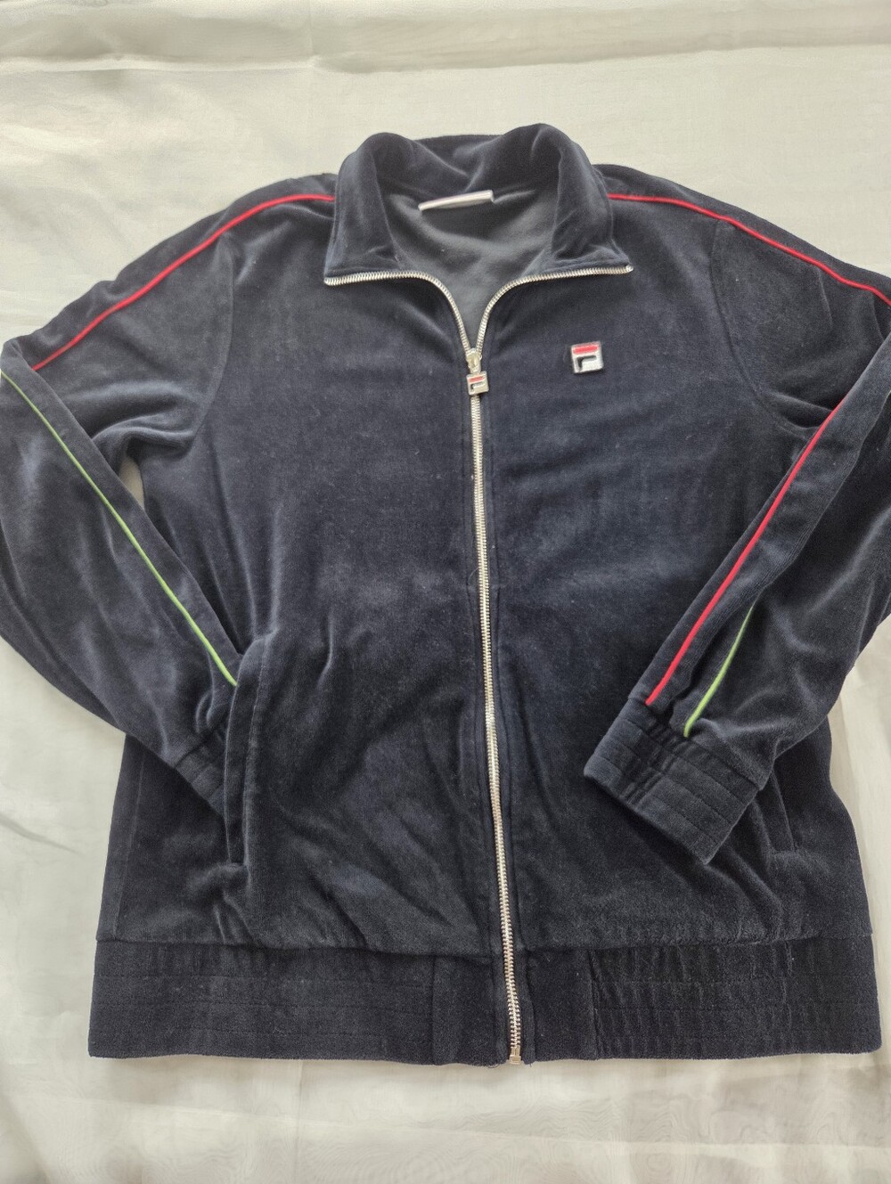 Fila Men's Black Velour Zip-Up Jacket with Red & Green Piping Vintage 80's